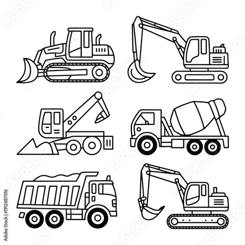 Construction Vehicle Lineup: A set of detailed line drawings showcases various construction vehicles, each meticulously depicted to highlight its unique functions and forms.
