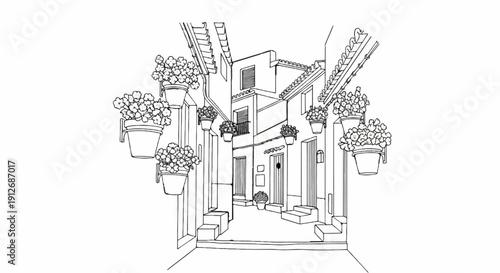 A charming European alleyway adorned with vibrant potted flowers