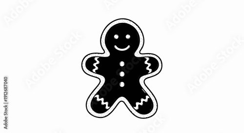 A black gingerbread man cookie with white icing and dots
