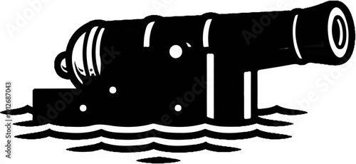 A black and white silhouette of an old cannon resting on waves