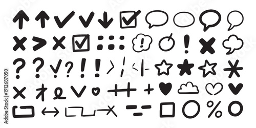 Handwritten symbols and UI icons set featuring checkmarks crosses speech bubbles question marks and arrows too