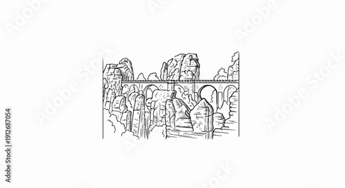 A detailed sketch depicts a stone bridge arching over a rocky, mountainous landscape