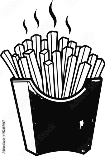 A black and white line drawing of a carton filled with steaming french fries