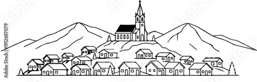 A charming village nestled among rolling hills with a church steeple