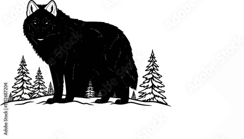 A black wolf stands in a snowy landscape with pine trees