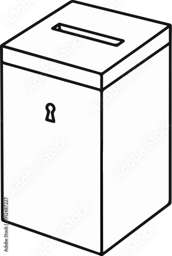 A black and white line drawing of a closed box with a slot on top