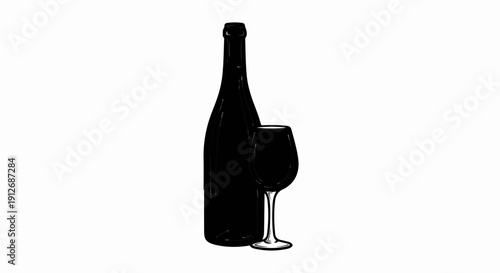 A dark bottle and a glass of dark liquid stand against a white background