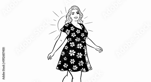 A cheerful woman in a floral dress with a radiant sun behind her