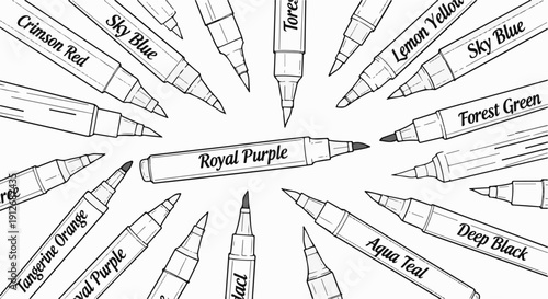 A collection of artist markers with color names displayed on their barrels