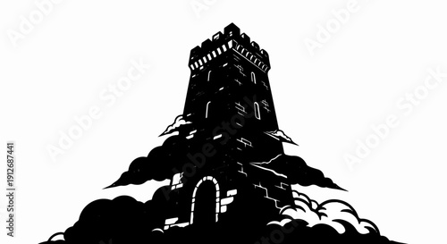 A dark, imposing stone tower with an arched doorway rises dramatically from rocky, cloud-like formations