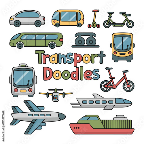 Transport Doodle Collection: A vibrant compilation of various transport doodles, each intricately designed in a playful and engaging style, showcasing the essence of mobility.