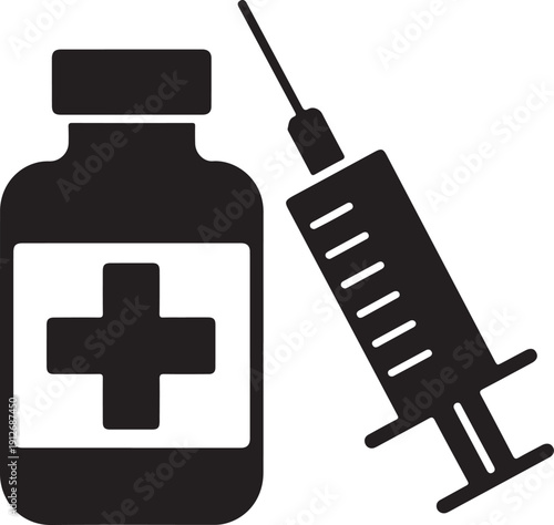 Black and white medical icon featuring a medicine bottle with a cross and a syringe isolated on white background, illustration