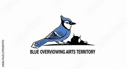 A blue jay stands alertly near a dark mound of foliage, text below