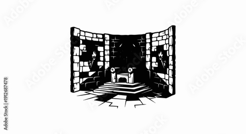 A dark, stone throne room with torches and a cracked floor