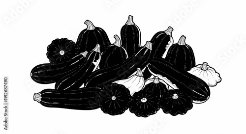 A black and white illustration of a pile of various squash vegetables