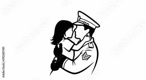 A child embraces a soldier in a tender, silhouette-style illustration