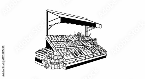 A black and white line drawing of a fruit stand with a striped awning