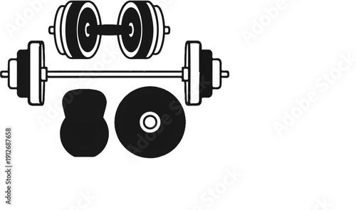 A collection of black and white illustrations of fitness equipment, including dumbbells, barbells, and kettlebells