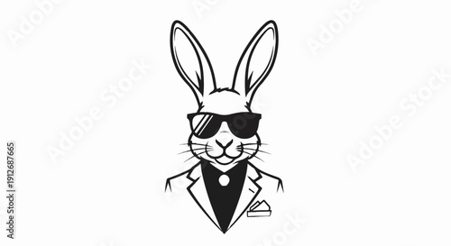 A black and white illustration of a rabbit wearing sunglasses and a suit