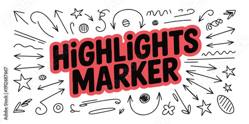 Set of black doodle arrows and stars with brush highlights marker text on white background for creative design