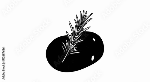 A black olive with a sprig of rosemary