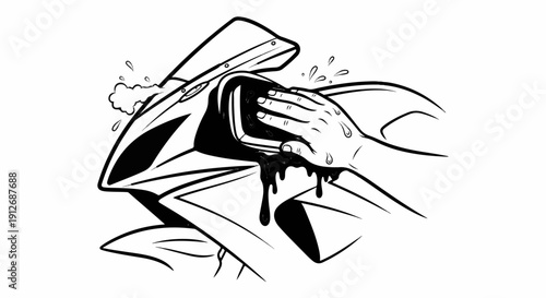 A black and white line drawing of a hand cleaning a sports motorcycle