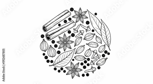 A circle of assorted spices drawn in black and white ink, including cinnamon