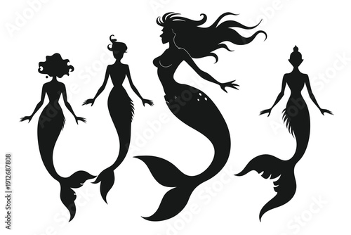 Cute vector illustration set featuring a black silhouette of a girl with flowers alongside a cat and bird in a minimalist nature art design