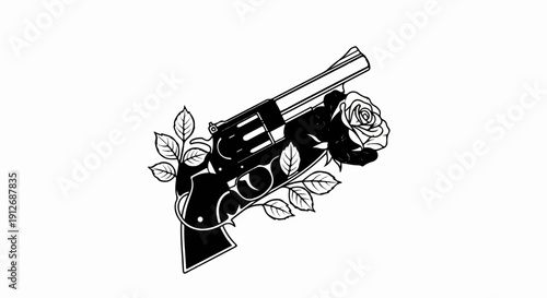 A black and white illustration of a revolver intertwined with rose blossoms and leaves