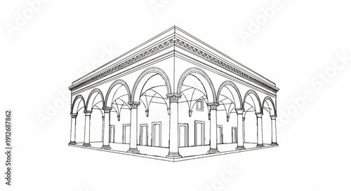 A black and white sketch of a grand building with arches and columns