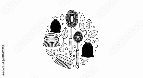 A circular arrangement of cleaning tools, leaves, and water droplets