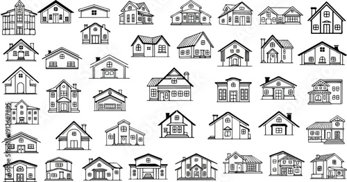 A collection of diverse hand-drawn house illustrations in black and white