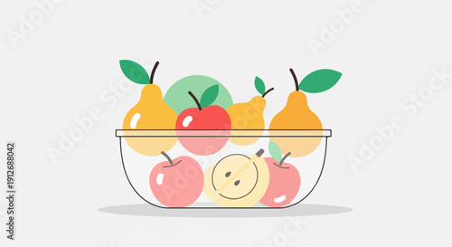 A bowl of colorful cartoon fruit, apples and pears, on a light gray background