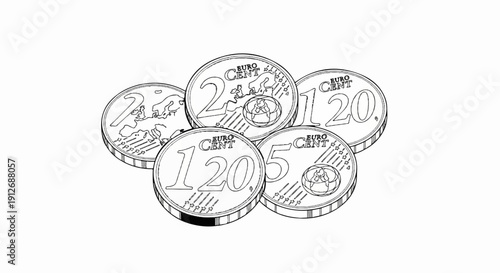 A collection of Euro cent coins, illustrating their denominations and European map designs