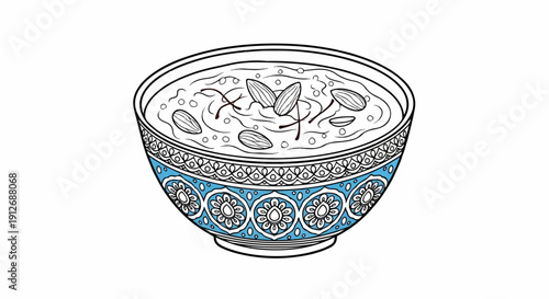 A bowl of creamy dessert with almonds and saffron threads