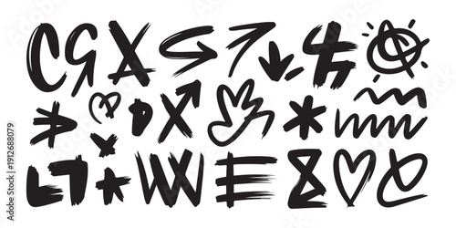 Grunge black brush stroke graffiti elements and symbols set isolated on white for street art style graphics