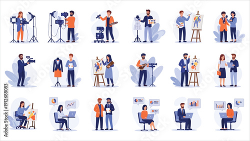 Flat vector bundle of diverse people scenes. Men and women in different activities and scenarios for concept illustrations.