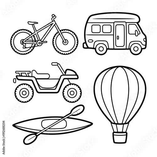 Adventure Icons: Collection of line art icons representing various modes of transportation and recreational vehicles perfect for travel and adventure themes.