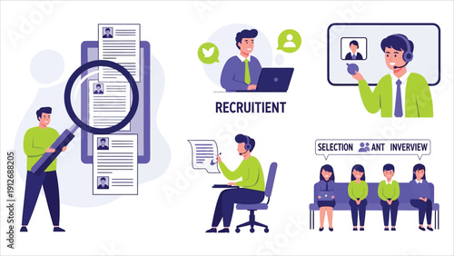  Flat vector illustration set of workplace hiring. Includes job interviews, recruiter evaluation, and employee selection scenes.
