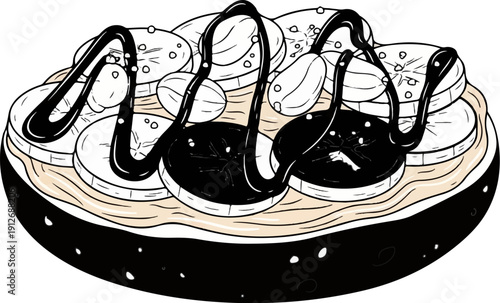 A delicious dessert with layers of cream, banana slices, and chocolate drizzle