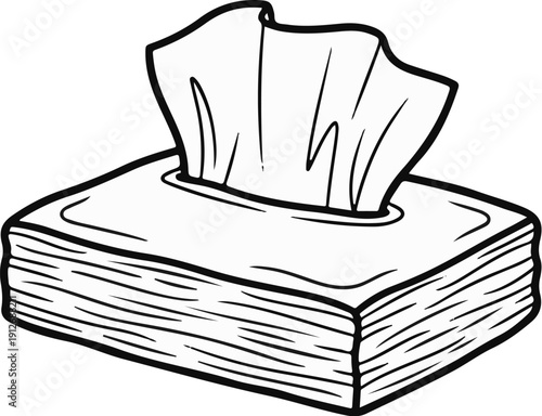 A box of tissues with one sheet pulled out, drawn in black and white outline
