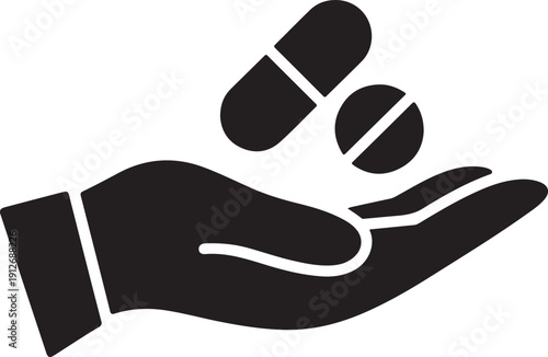 Black icon of a hand holding a medical capsule and a round pill for healthcare concepts. isolated on white background, illustration