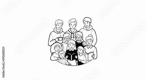 A diverse group of people, young and old, gather together happily