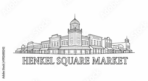 A black and white line drawing of a historic town square with shops