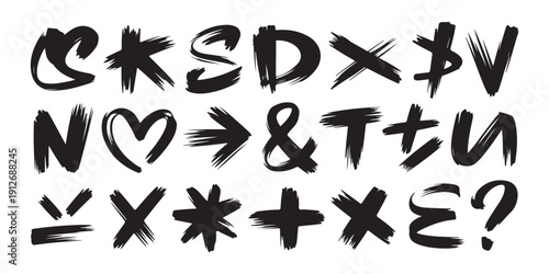 Black grunge alphabet letters and symbols hand drawn with dry brush font doodle typography elements set