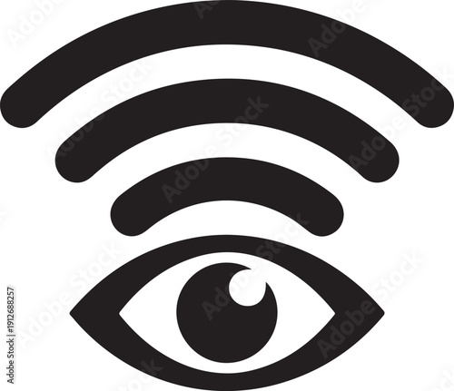 A conceptual icon combining an eye with a wifi signal symbol representing digital surveillance. isolated on white background, illustration