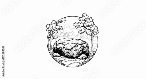 A circular forest scene features a large, rough boulder surrounded by trees and foliage
