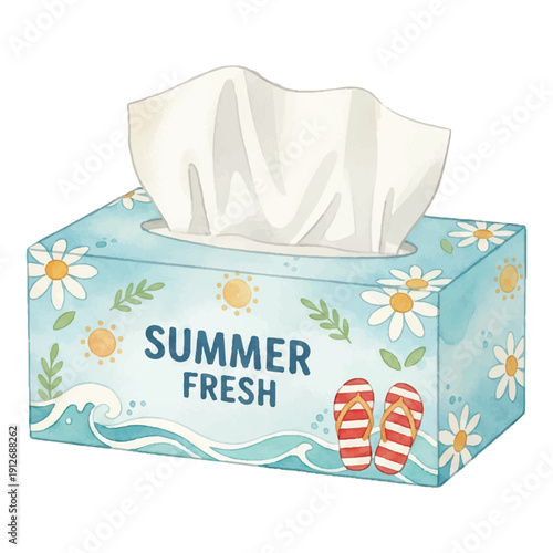 Summer Tissue Box Watercolor Illustration with Floral Pattern Isolated on White Background
