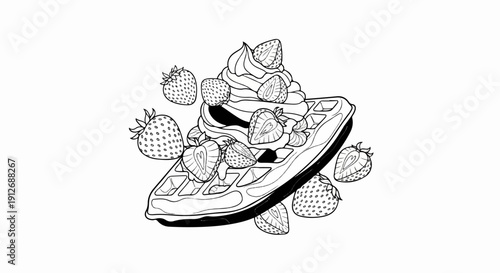 A delicious drawing of a waffle topped with cream and strawberries
