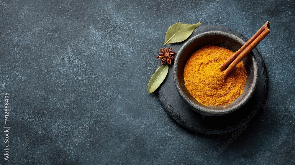 Fototapeta premium Warm Spices in Dark Bowl with Cinnamon Stick, Star Anise, Bay Leaf, and Turmeric Powder on Rustic Slate Surface for Culinary and Food Photography